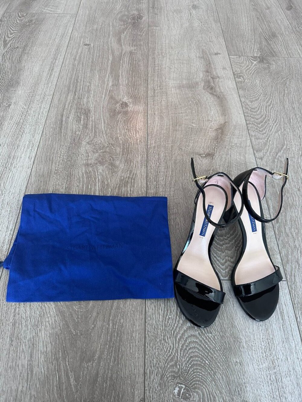 EUC Stuart Weitzman Nearlynude Ankle Strap Sandals Black Patent